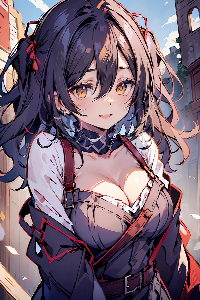 (masterpiece:1.2), (high quality:1.2), (hui xiyi:0.75), rekkyo sensen, rekkyou sensen, girls with((black hair, (tits cleavage:1.15), (waving is hands:1.2), (breasts close up:1.15), (suspenders:1.2), (dress:0.65), (blue clothes:1.05), (belts:0.7), (frills shirt:1.2), (white knit sweater:1.2), camisole, exposed breasts, straps, (turtleneck clothes:1.1), (cross:1.05), upper body, (long wavy hair:1.2), (one side up:1.2), nun, long sleeves, (perfect hands:1.05), (five fingers:1.05))), background with((fantasy world, ruin, castle, beautiful sky, shining sky, sunshine))