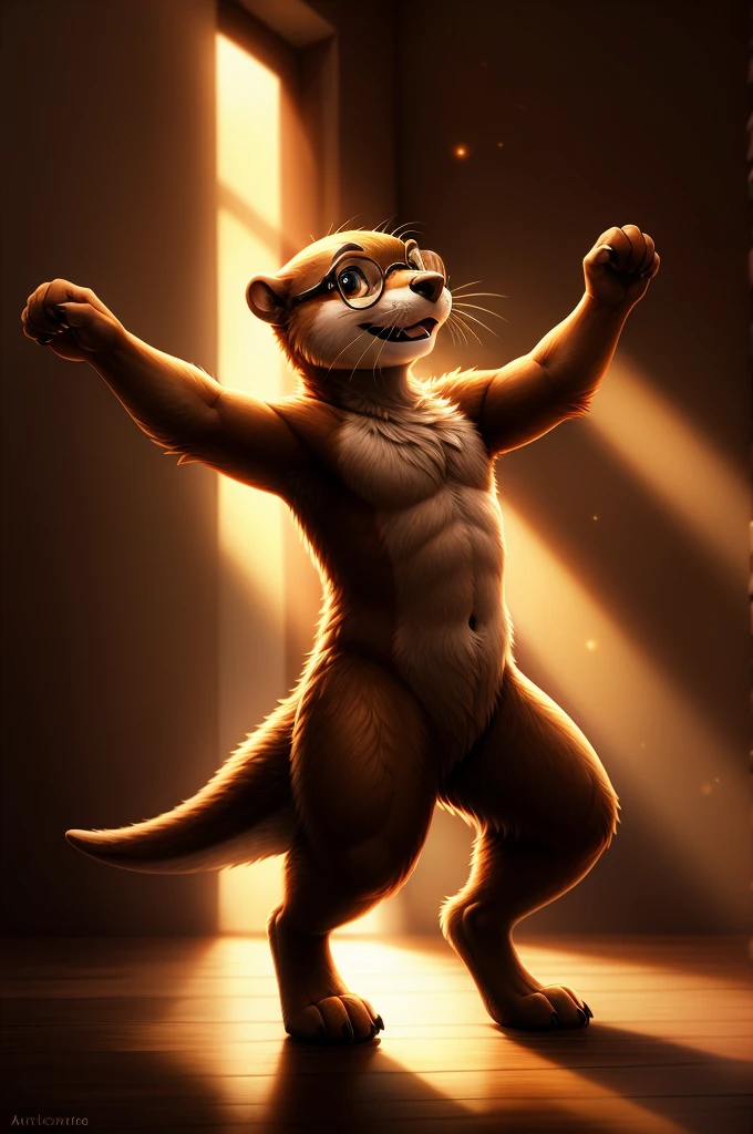 furry,otter,dancing,has glasses, very nice light and shadow, ultra detailed fur, very detailed fur tail,
