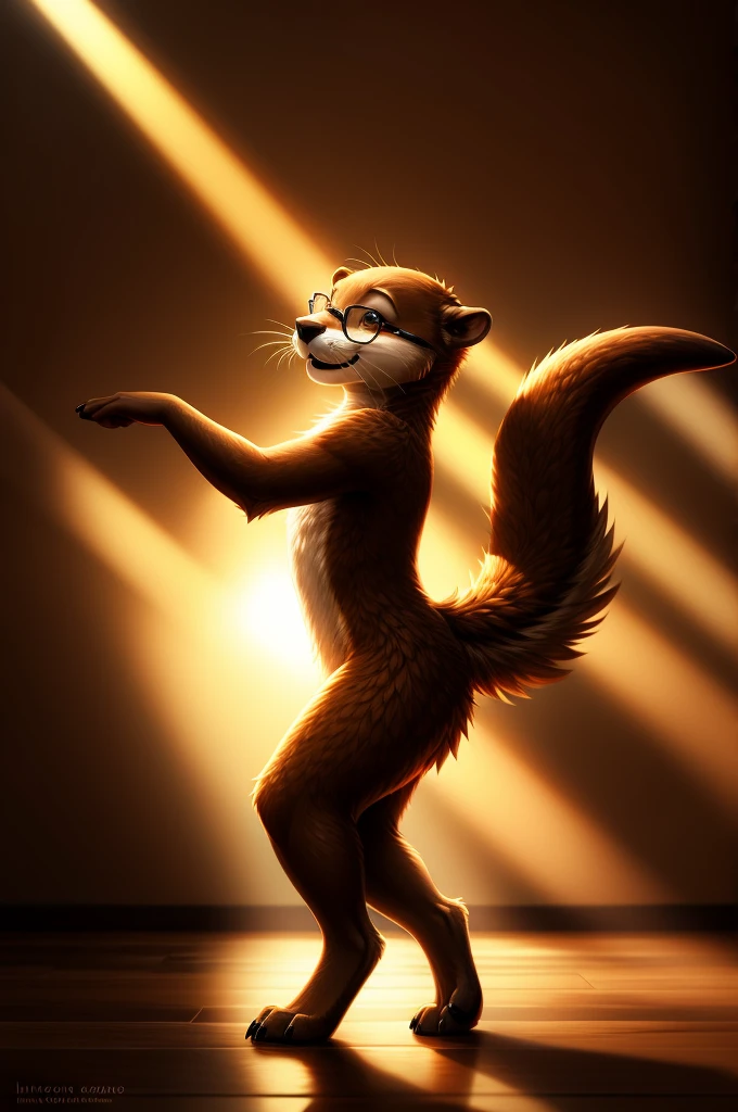 furry,otter,dancing,has glasses, very nice light and shadow, ultra detailed fur, very detailed fur tail,
