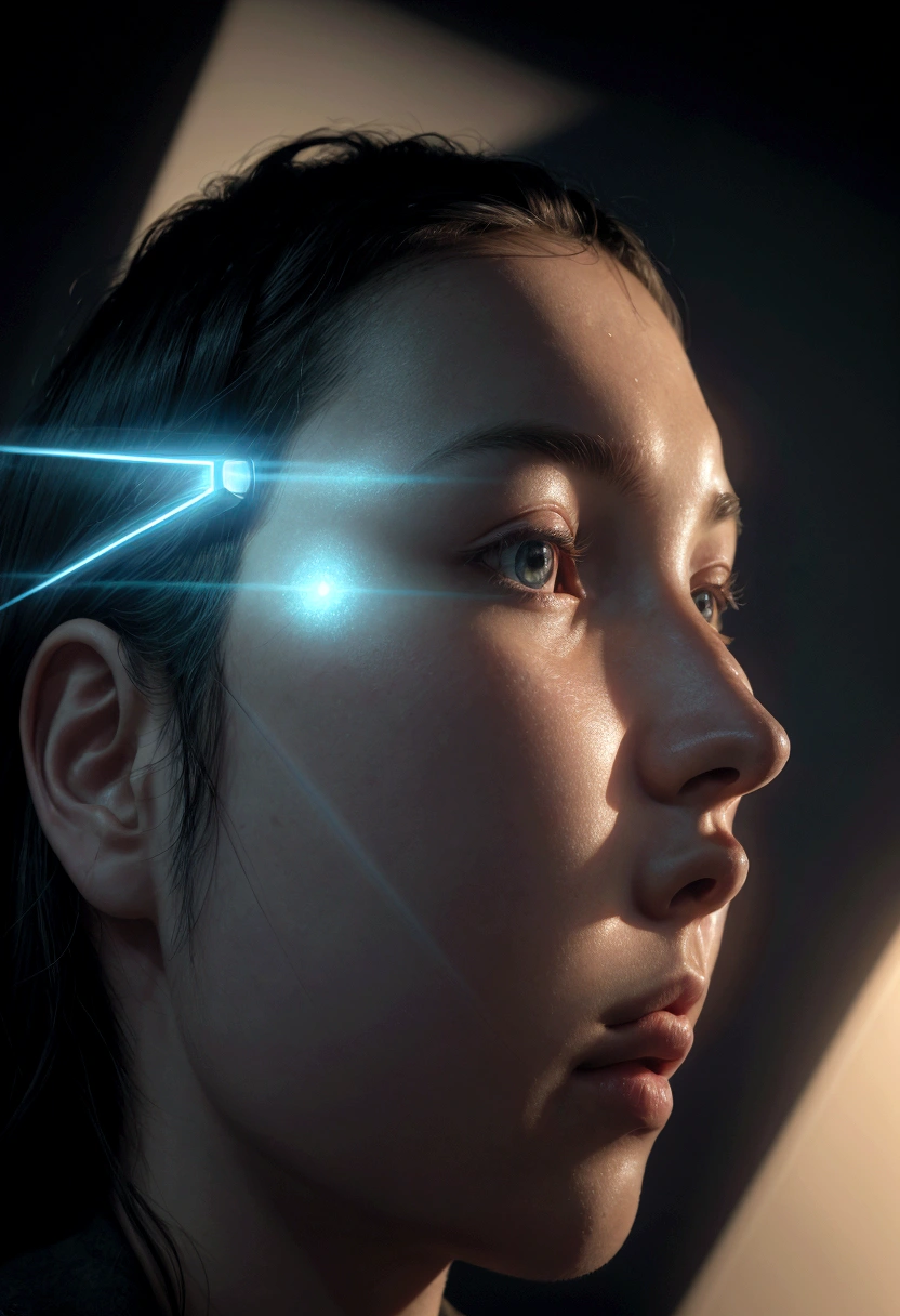 a close up of human mind head illustration with rays around, cinematic lighting, glowing light, three sided view, silhouette, image fill, from side, atmospheric perspective, drop shadow, ray tracing, motion lines, Pixar, three sided view, UHD