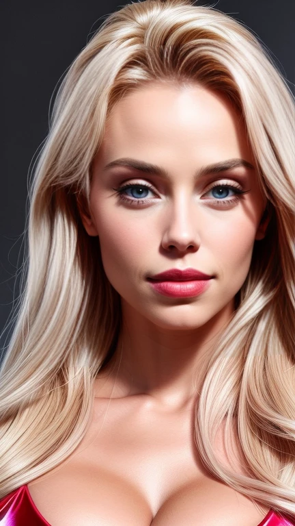 Victoria Lopyreva.  portrait.  Beautiful young girl. (Fake Lips, huge lips, lip filler, sexy lips, bimbo lips).  Instagram model. platinum blonde.  Gray background