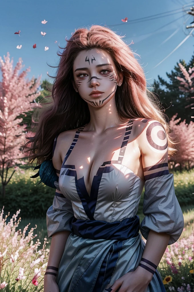 1girl, pink long hair, mask, makeup, bare shoulders, cleavage, large breasts, detached sleeves, standing, (cowboy shot),(masterpiece, high quality, best quality), (colorful),(delicate eyes and face), volumatic light, ray tracing, extremely detailed CG unity 8k wallpaper,solo, ((flying petal)), outdoors, ((flowers field)), sukunatattoo, kimono, look at viewers, facial marks, SukunaFem