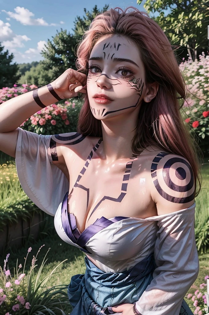 1girl, pink long hair, mask, makeup, bare shoulders, cleavage, large breasts, detached sleeves, standing, (cowboy shot),(masterpiece, high quality, best quality), (colorful),(delicate eyes and face), volumatic light, ray tracing, extremely detailed CG unity 8k wallpaper,solo, ((flying petal)), outdoors, ((flowers field)), sukunatattoo, kimono, look at viewers, facial marks, SukunaFem