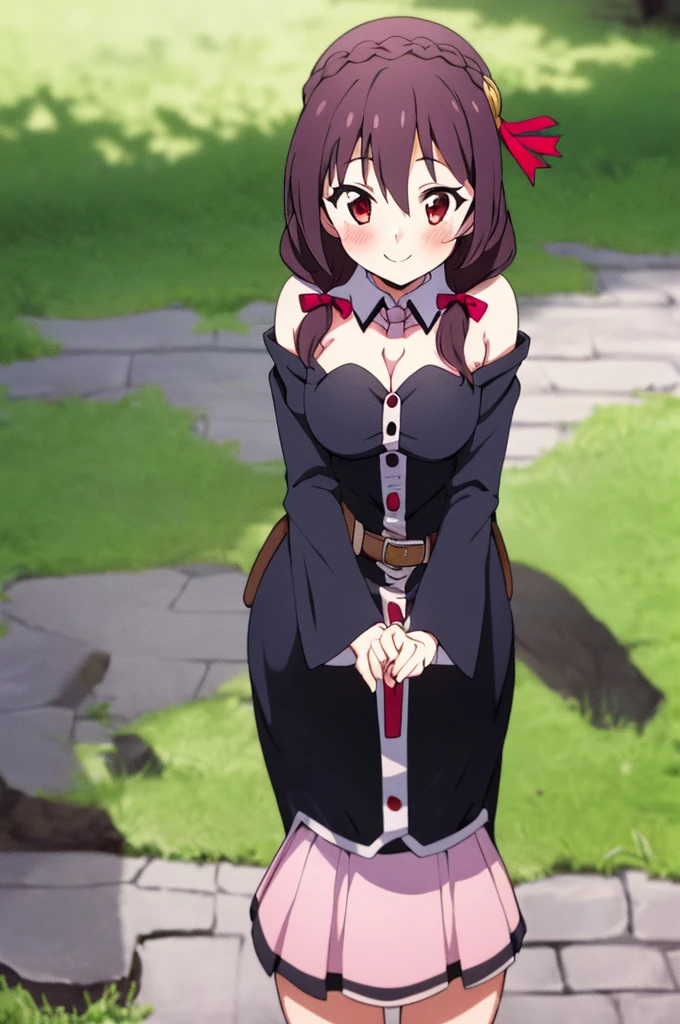 (masterpiece, Highest quality), One girl, Yunyun,Long Hair,Braiding,Twin tails,Hair between the eyes,Red hair ribbon,hair ornaments,large round breasts,、Pink Skirt、Black Hair、Red Eyes、(The best smile:1.2)、grassland、Crown Blade,Black Shirt, Long sleeve,Pink tie, belt, Cleavage cutout、cowboy shot、(blush)、View from above