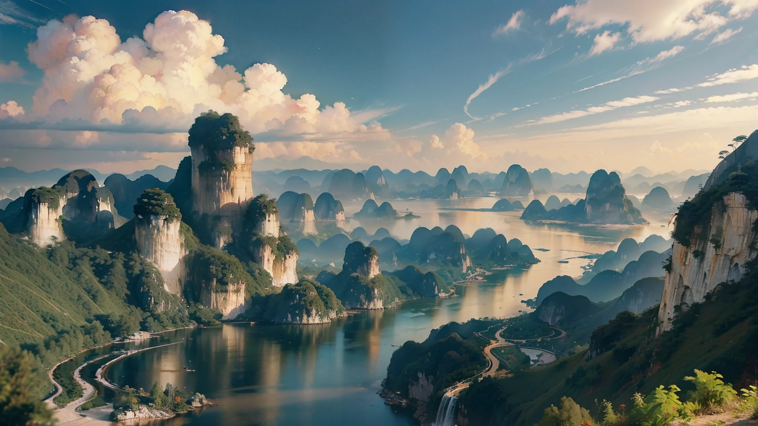 A beautiful detailed landscape of the Guilin mountains, featuring the iconic karst formations, winding rivers, and serene blue skies with fluffy clouds, capturing the essence of Chinese landscape painting, no cars, breathtaking scenery