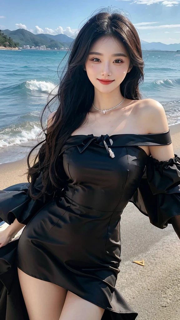 A sweet girl by the beach，voluminous hair，Delicate face，Photorealsitic，of a real，largeaperture，wears a black dress，A cropped dress，Off-the-shoulder，A dress around the neck，Slim，smiles，Ultra-high resolution