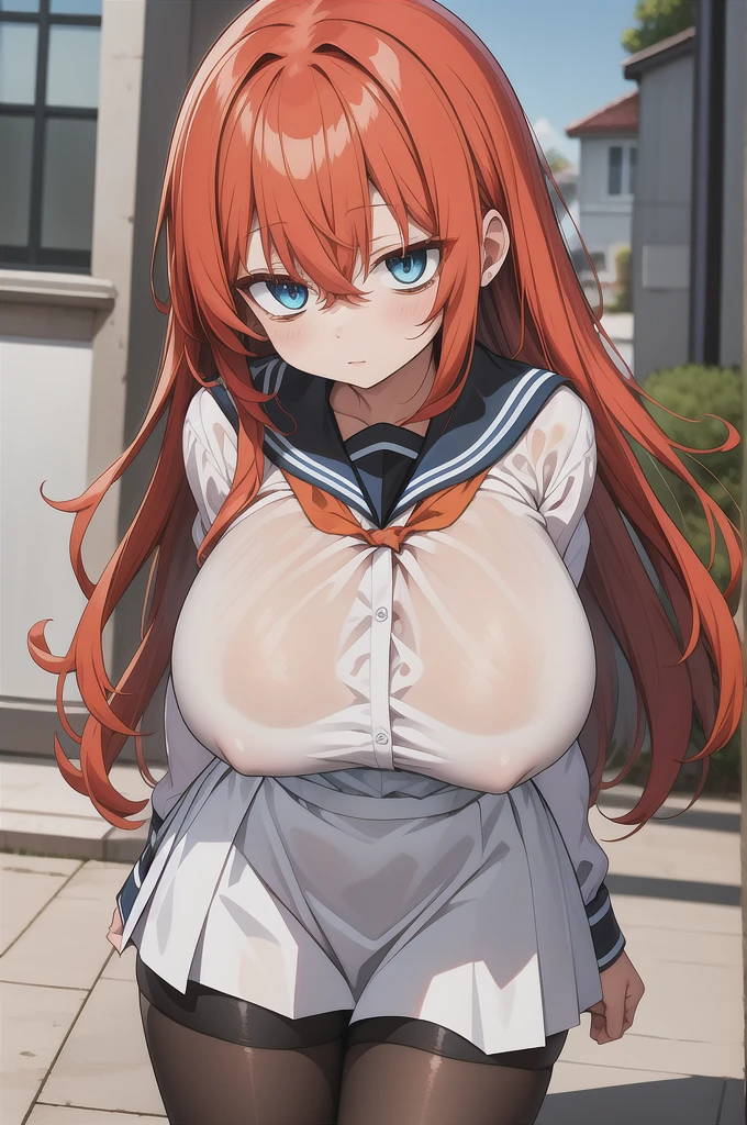 komaro, blue eyes, Orange Hair, , bangs, Hair between the eyes, Long Hair, Long sleeve, , Seraph, Sailor collar, (White shirt:1.2), , Black Pantyhose,gigantic breasts,, Highest quality, masterpiece, High resolution,see-through
