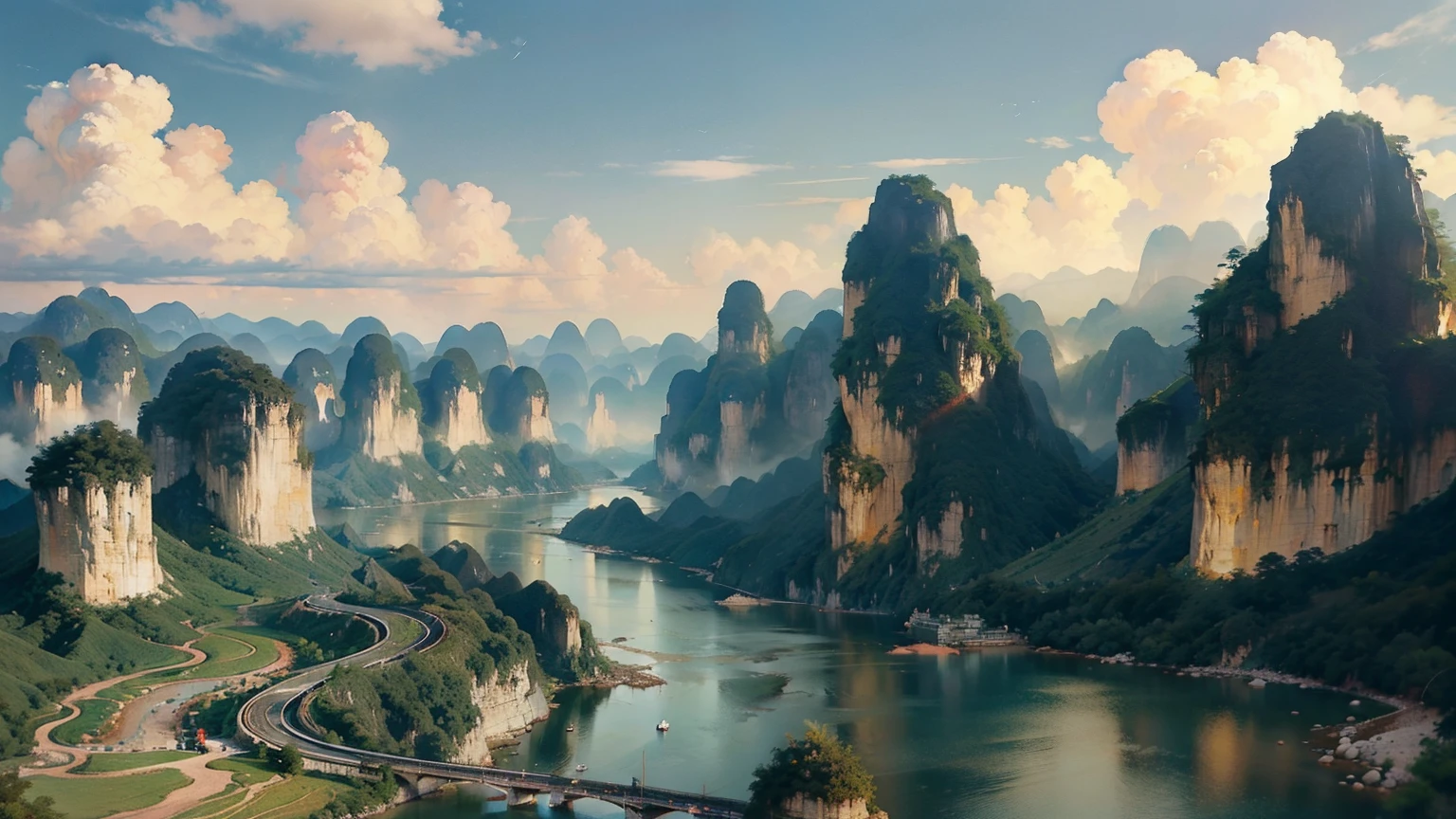 A beautiful detailed landscape of the Guilin mountains, featuring the iconic karst formations, winding rivers, and serene blue skies with fluffy clouds, capturing the essence of Chinese landscape painting, no cars, breathtaking scenery