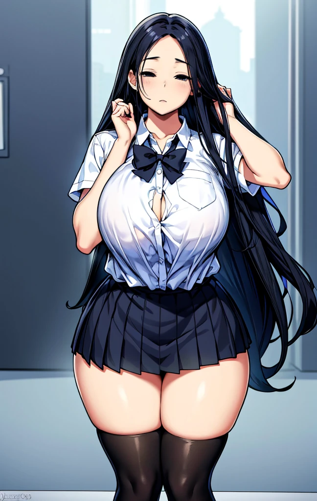 masterpiece, Highest quality, High resolution, she1, (Hair above the eyes:1.1)School uniform Thick hips,Long black hair　Blue Hair　mysterious　Calm