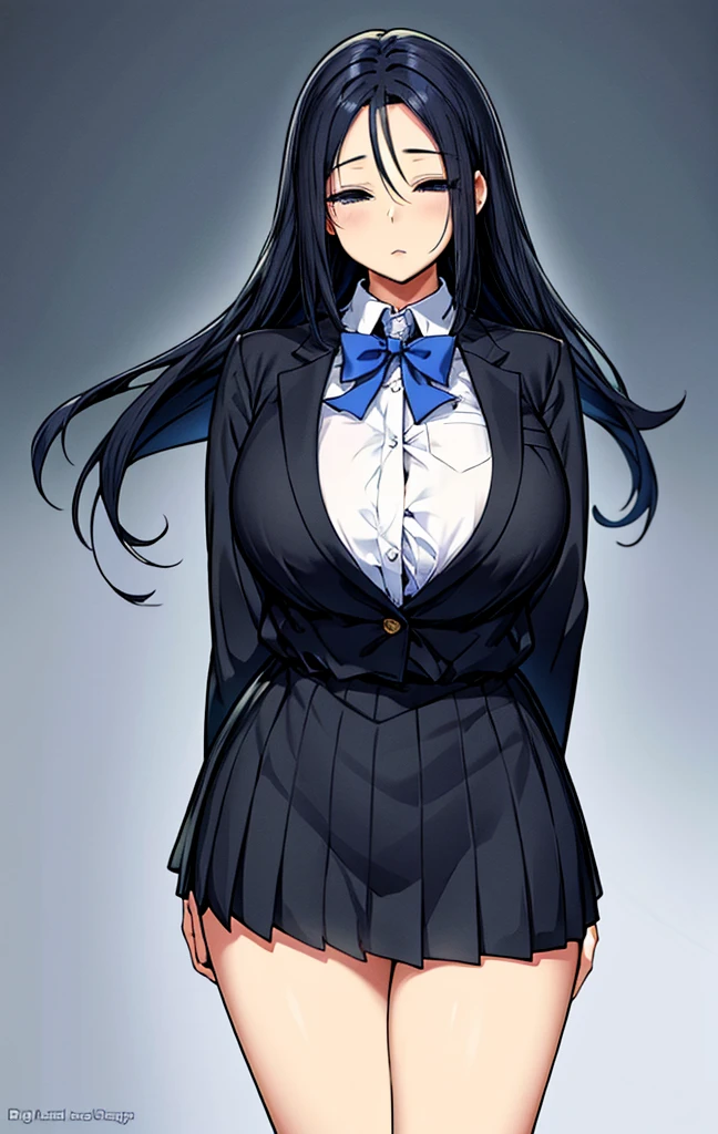 masterpiece, Highest quality, High resolution, she1, (Hair above the eyes:1.1)School uniform Thick hips,Long black hair Blue Hair mysterious Calm