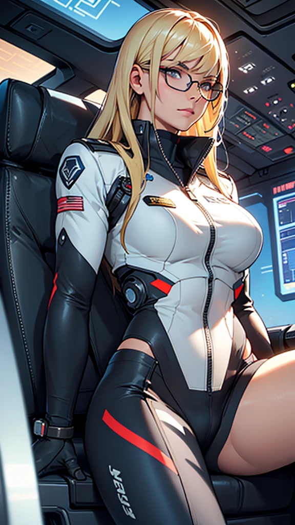 Beautiful cybernetic girl detailed muscles realistic masterpieces full figure pose (best quality,ultra-detailed), blonde straight hair, short bangs, glasses, fair skin, fit body, slim figure, narrow waist, large buttocks, (cocky expression), pilot uniform, sitting in cockpit