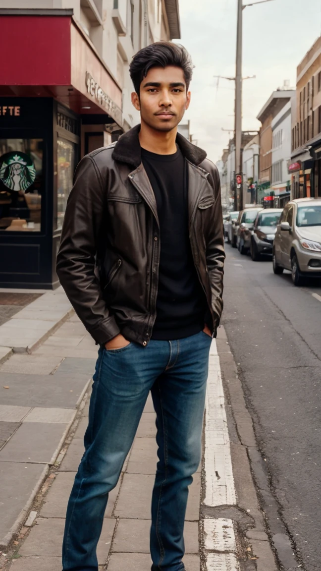 A 22 year old man standing on street road with Starbucks coffee most handsome man with perfect face and perfect body physece 