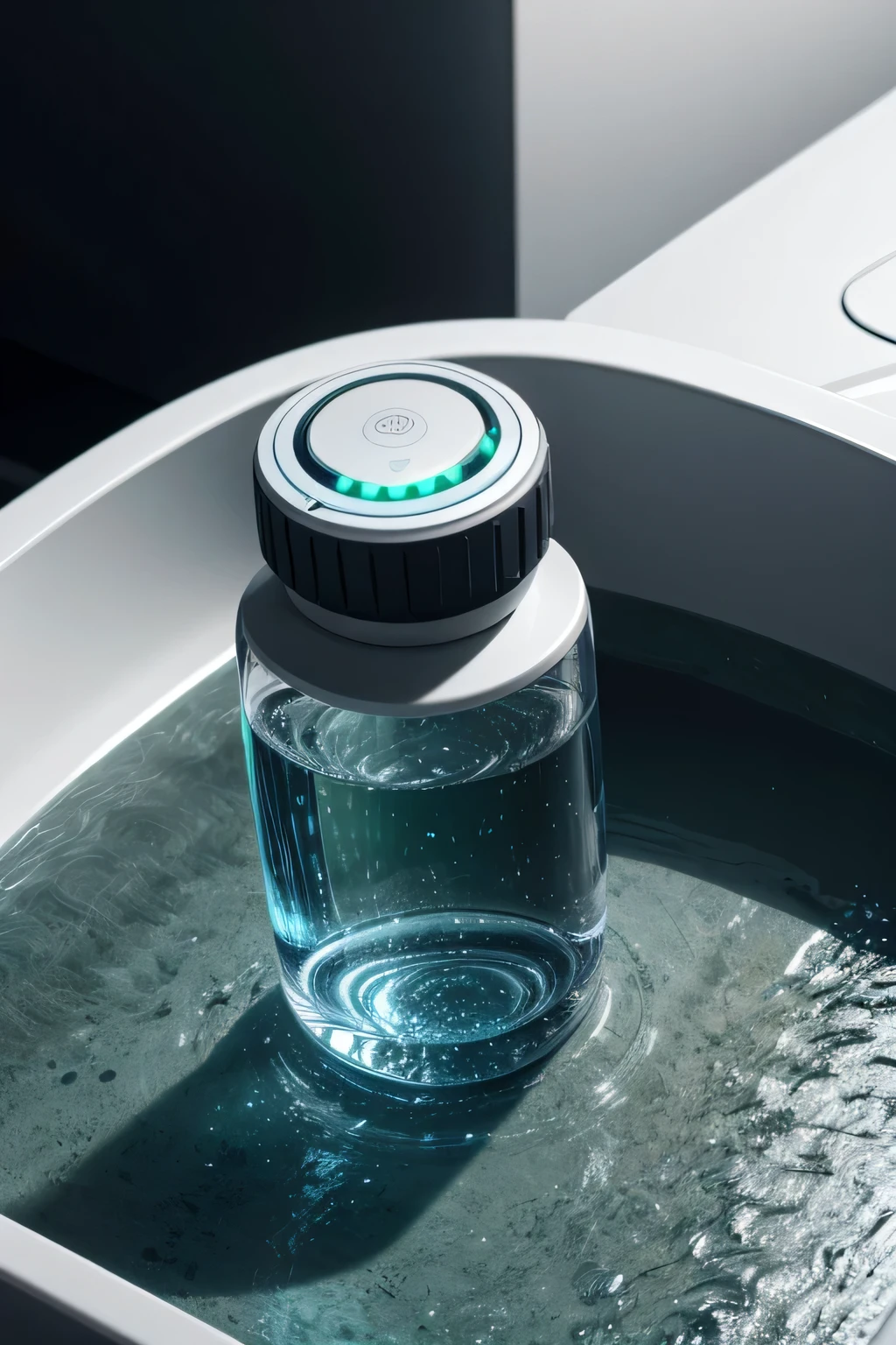 highres, absurdres, ultra-detailed, smartwater_bottle, transparent, high_quality_material, internal_sensors_visible, digital_display_on_cap, water_consumption_display, LED_lights_base, water_reminder_lights, smartphone_app_interface, water_consumption_notifications, hydration_graphs, bright_lighting, futuristic_design, fresh_color_palette, blue_green_white, innovative_technology