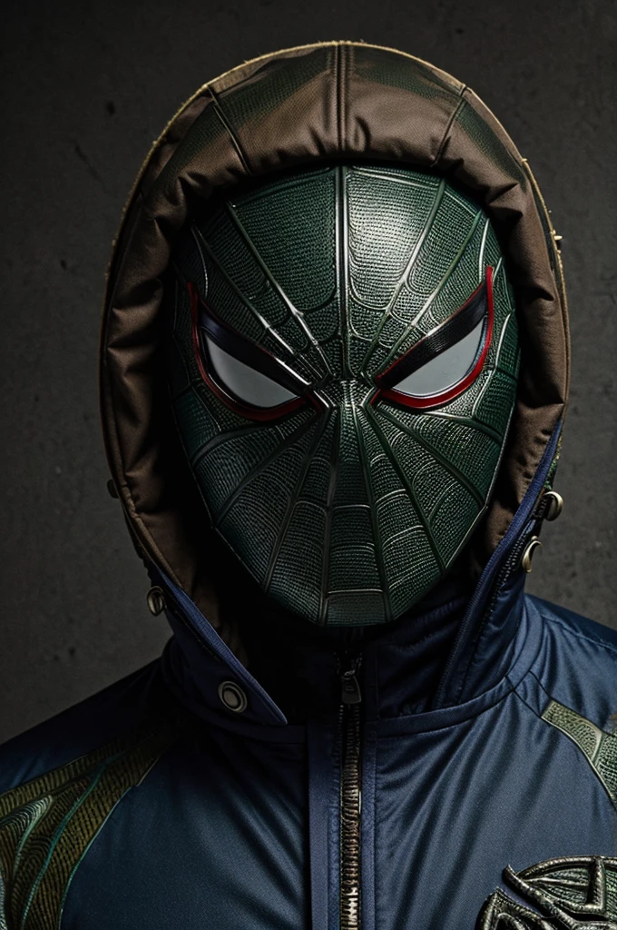 ((best quality)), ((masterpiece)), (detailed), the amazing Spiderman mask, wearing green stone island jacket, at stadium terrace