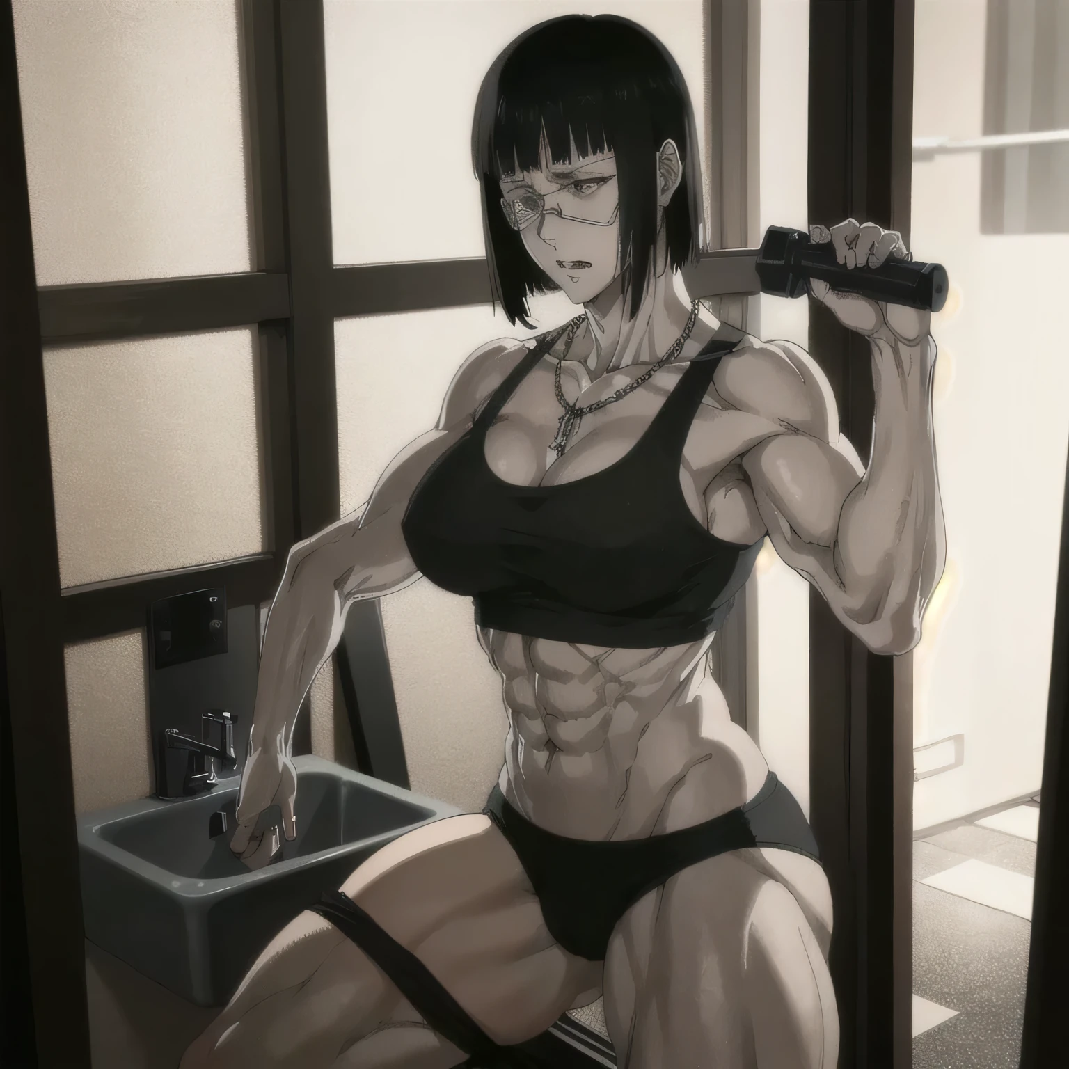 (best quality,ultra-detailed,realistic:1.37),musclaur badass girl with sculpted body with preview her musclaur body and six-pack, full review of the female character's face and body, intense expression,studio lighting, vivid colors, physiologically-based rendering, grungy texture, rugged background, dust particles in the air, commanding presence, professional, powerful, gritty aesthetics,,Valmet،short hair،tattoos on shoulders,,Shining muscles, muscle protrusion,wearing military male black underwear and midriff tank top,necklace,Valmet have a sex muscles,eyepatch,penis,wet body,wet clothes,white skin,water dropped on body,Shining skin,in bathroom,In front of a laundry,Showing muscles in front of the hand washbasin,sexy six-pack,sexy muscles,bodybuilding female,tight muscles,Valmet only,penis growth inside underwear,penisQuiron