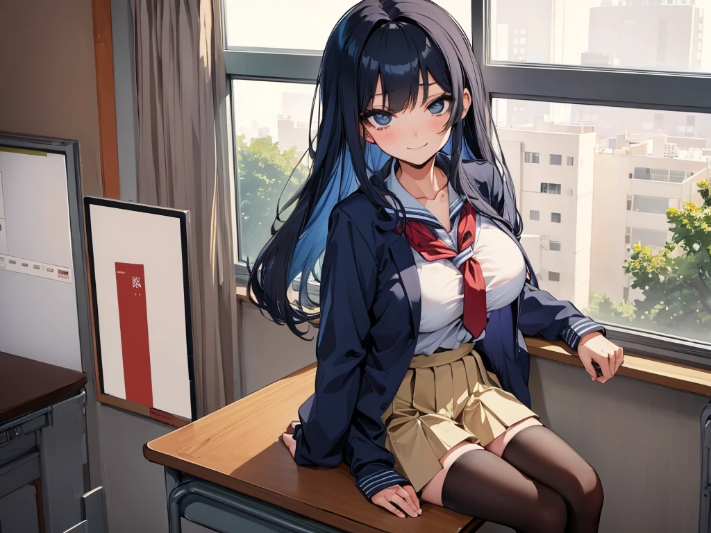 high school girl、Dressed in high 、School classroom、(Big Breasts)、(((solo)))、smirk