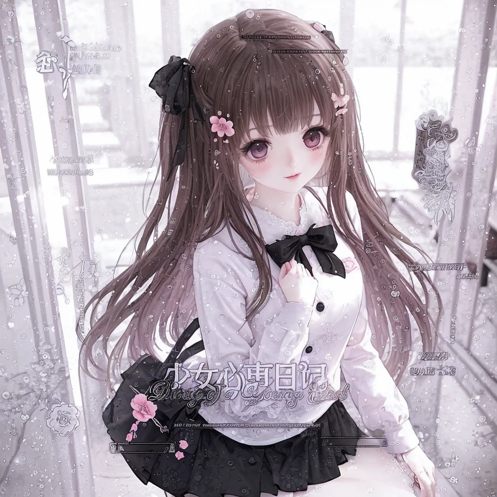 Anime style long blonde big eyes pink dress,With flowers and lace details sitting under the cherry blossom tree with a traditional Japanese pavilion in the background、Dreamy atmosphere