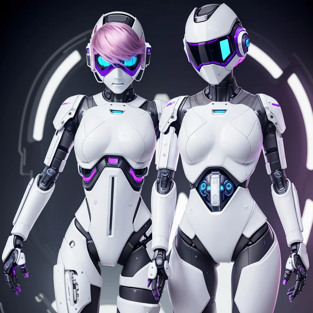 a girl with a sleek and attractive robotic body, featuring high-tech components. She has short pink hair, purple eyes, and an angry expression. She is wearing a mask that partially obscures her face, with her polished mechanical limbs and torso emphasizing her allure despite her intense emotions. ((white cyber masker)), ((body position standing upright)), close up,