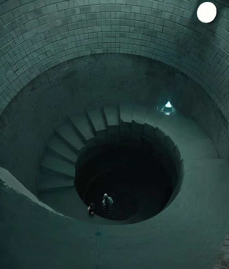 The pool has a spiral staircase、At the bottom stands a person, an eerie Whirlpool, In the water, puddle, Whirlpool, Drawn into a spiral vortex, Pool in a huge palace, Beautiful images, Alessio Albi, Water Temple, underground lake, sewer, More information about SCP-3008, Thalasophobia