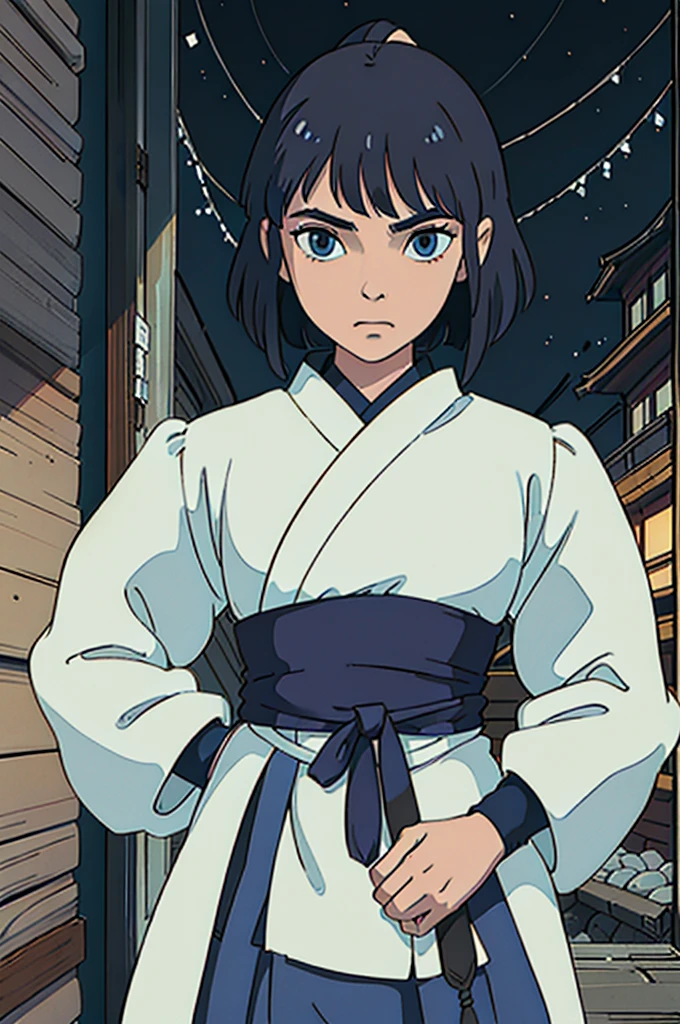 Create an illustration of a manga character with the following detailed characteristics: a Japanese samurai man of handsome and attractive appearance. Your face is angular and harmonious, with a serious expression, mas serena, and the skin is clear and flawless. Ele tem cabelo branco curto, cortado em um estilo emo, com franja que cai levemente sobre um dos olhos. Your eyes are big and expressive, typical manga, de cor azul brilhante, conveying a sense of mystery and depth. From the top of its head come white fox ears with well-defined details and a texture that imitates real fur., e uma cauda de raposa branca longa e volumosa, com detalhes cuidadosos nos pelos, comes out the back, perto da cintura. Ele veste um traje tradicional de samurai, com uma armadura ornamentada que mistura elementos de metal e tecido, nos detalhes em azul e branco, harmonizando com os olhos e a cauda, e inclui uma katana embainhada na cintura. The character is set in an ancient Japanese castle, com arquitetura tradicional. Ao fundo, pode-se ver elementos como telhados curvos, paredes de madeira e papel, e jardins zen. The lighting is soft, Suggesting the sunset, com tons dourados e alaranjados que destacam a figura do samurai. Inclua detalhes sutis, as protective amulets hanging from the waist or armor, and traditional Japanese patterns in clothing and scenery. Ensure the image has an atmosphere of mysticism and elegance, capturing the essence of the character and traditional Japanese setting.