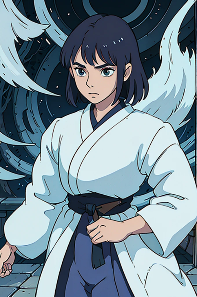 Create an illustration of a manga character with the following detailed characteristics: a Japanese samurai man of handsome and attractive appearance. Your face is angular and harmonious, with a serious expression, mas serena, and the skin is clear and flawless. Ele tem cabelo branco curto, cortado em um estilo emo, com franja que cai levemente sobre um dos olhos. Your eyes are big and expressive, typical manga, de cor azul brilhante, conveying a sense of mystery and depth. From the top of its head come white fox ears with well-defined details and a texture that imitates real fur., e uma cauda de raposa branca longa e volumosa, com detalhes cuidadosos nos pelos, comes out the back, perto da cintura. Ele veste um traje tradicional de samurai, com uma armadura ornamentada que mistura elementos de metal e tecido, nos detalhes em azul e branco, harmonizando com os olhos e a cauda, e inclui uma katana embainhada na cintura. The character is set in an ancient Japanese castle, com arquitetura tradicional. Ao fundo, pode-se ver elementos como telhados curvos, paredes de madeira e papel, e jardins zen. The lighting is soft, Suggesting the sunset, com tons dourados e alaranjados que destacam a figura do samurai. Inclua detalhes sutis, as protective amulets hanging from the waist or armor, and traditional Japanese patterns in clothing and scenery. Ensure the image has an atmosphere of mysticism and elegance, capturing the essence of the character and traditional Japanese setting.