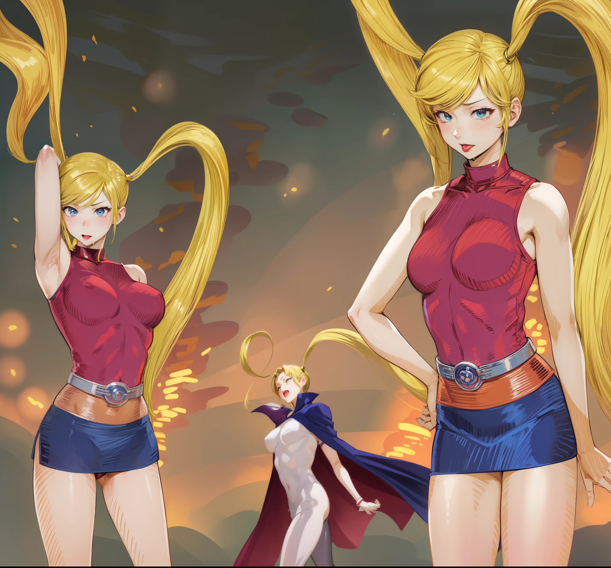 ３A Japanese girl with blonde twintails、Female Combatant、Close-up of a girl wearing a red tank top、Purple Skirt、White 、Black fishnet stockings、Black shiny boots、Saiyan Girl, wonderful, Nano Girl, Female body type, Inspired by Hiromu Arakawa, Anime Manga Robot!! Anime Girls, Fubuki, Full Body Suit, by Hiromu Arakawa、wonderful, silk, Beautiful and attractive anime teen, A Girls of the future, tears,Drooling,Pee,Sweat,Tongue out,incontinence,Peeing、Estrus、Eyesopen,Estrus,Blushing,N are erect,Face Lust、inconti、Armpit Hair、pubicr、Nipples are erect、Red lips、Red tongue、S out tongue、kirt is flipped up、Panty shot、White pantiesが見えている！、全身Sweatまet