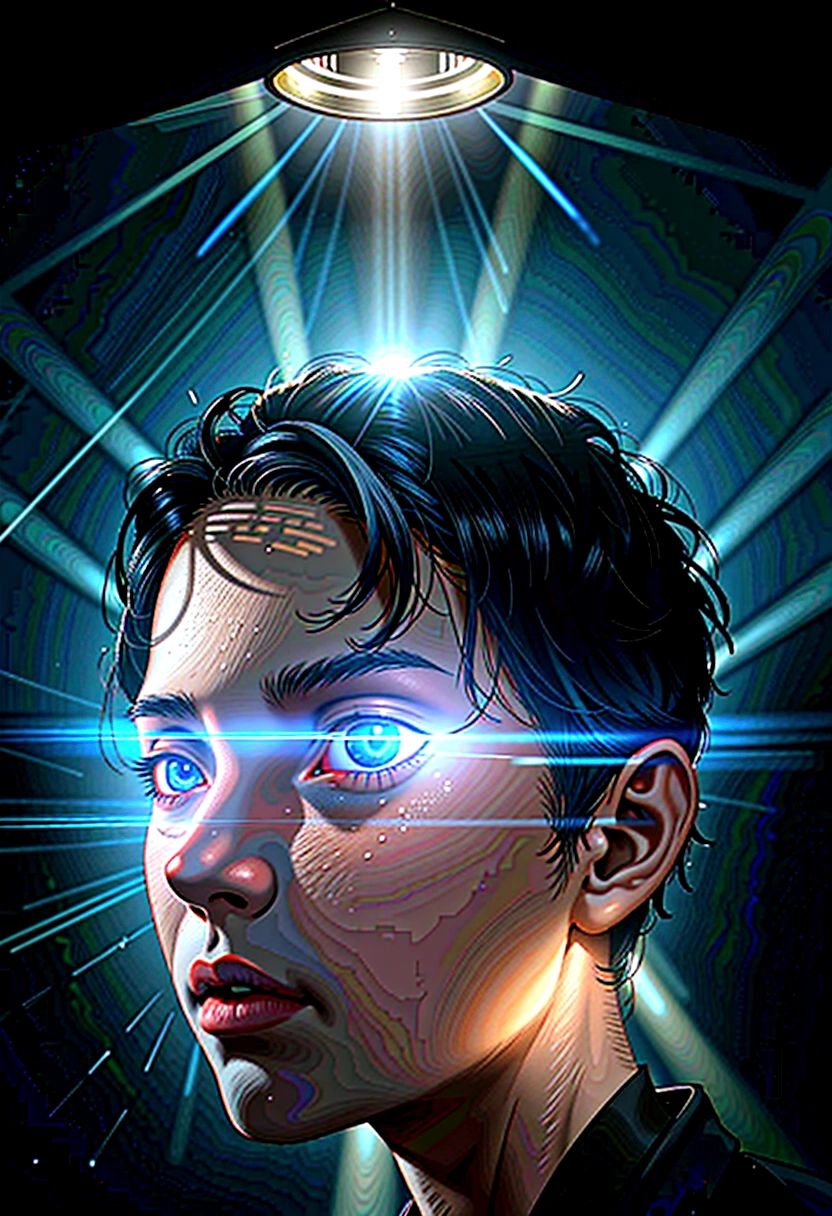 a close up of human mind head illustration with rays around, cinematic lighting, glowing light, three sided view, silhouette, image fill, from side, atmospheric perspective, drop shadow, ray tracing, motion lines, Pixar, three sided view, UHD