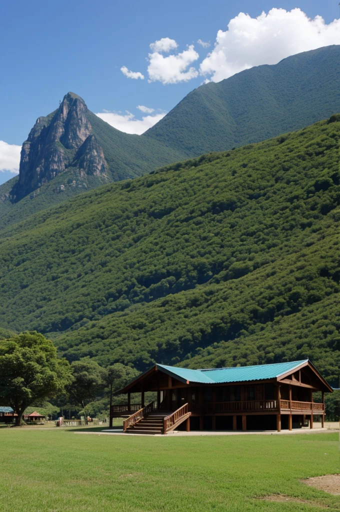 Big building then beside hill and mountain 
