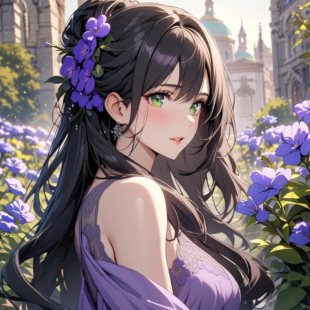 girl, beautifull, pretty, long hair, mature woman, beautiful purple dress, black hair, green eyes, super detail, flower on hair, gorgeous, beautiful backround, angel