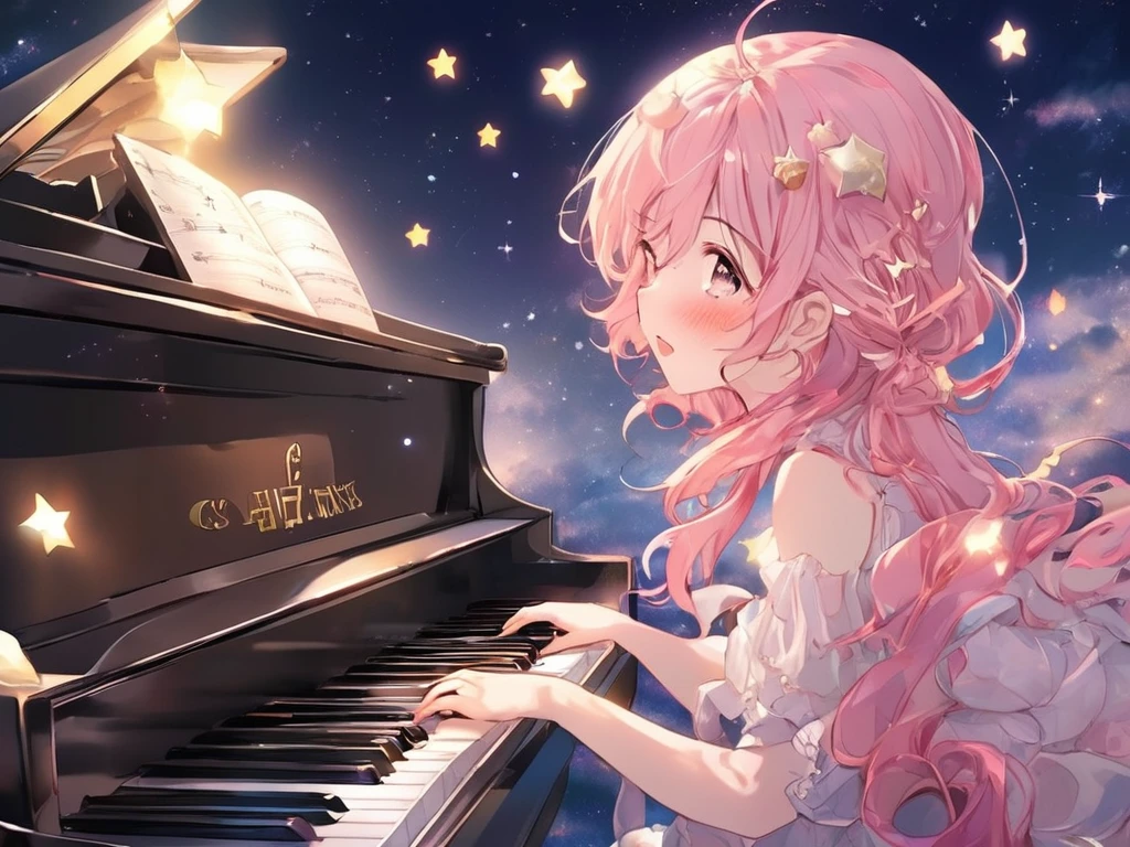 With the moon and stars shining in the sky、Imagine a girl playing the piano by herself.. anime, Pink Hair, Cat ear. That&#39;s her charm.