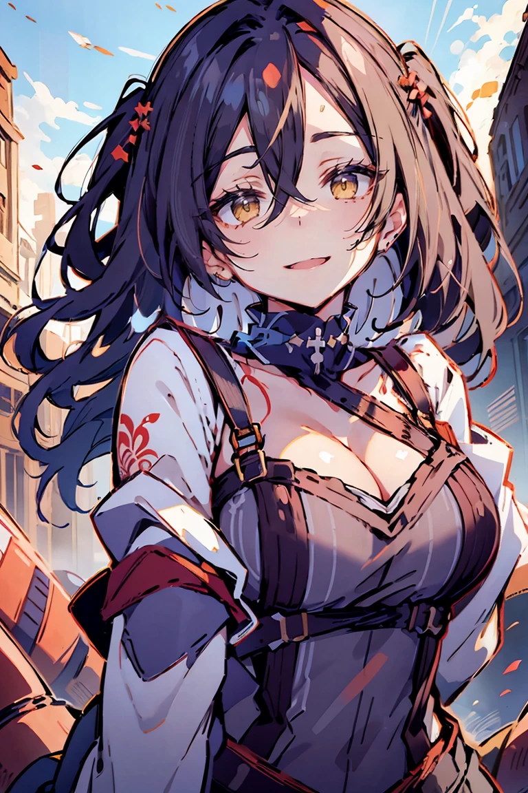 (masterpiece:1.2), (high quality:1.2), (hui xiyi:0.75), rekkyo sensen, rekkyou sensen, girls with((black hair, (tits cleavage:1.15), (waving is hands:1.2), (breasts close up:1.15), (suspenders:1.2), (dress:0.65), (blue clothes:1.05), (belts:0.7), (frills shirt:1.2), (white knit sweater:1.2), camisole, exposed breasts, straps, (turtleneck clothes:1.1), (cross:1.05), upper body, (facial mark:1.15), (centipede tattoos:1.2), (long wavy hair:1.2), (one side up:1.2), nun, long sleeves, (perfect hands:1.05), (five fingers:1.05))), background with((fantasy world, ruin, castle, beautiful sky, shining sky, sunshine))