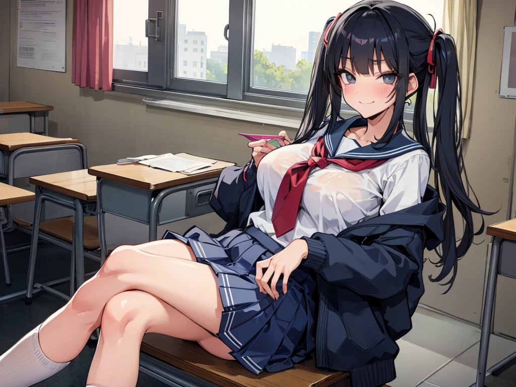 high school girl、Dressed in high 、School classroom、(Big Breasts)、((solo))、smirk,Cheek resting on hand、Crossing legs