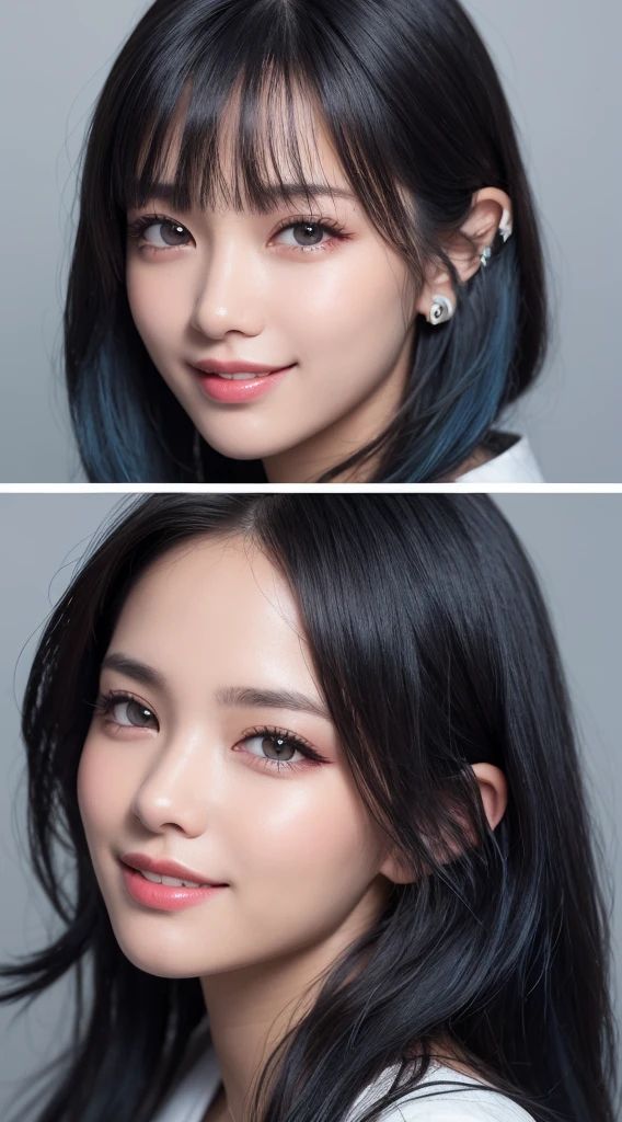 Black Hair、Hair Bob、wince、Round eyes、False eyelashes、A light smile、correct、Striped Hair、Brown Hair、Blue Hair、Dark blue hair、Gradient Hair、Asymmetrical hair、Hair behind the ear、Crossed bangs、Long Hair、とてもLong Hair、Hair up on one side、とんでもなくLong Hair、Barrette、sunglasseole under the eye、Light blue eyes、Ring Eyes、Round eyeakeup、Wicked Smile、A light smile、Surrealism、Drop Shadow、Anaglyph、Stereogram、Character portrait、Subjective、Atmospheric Perspective、Film Grain、Backlight、Overexposure、Lens flare、8k、Super detailed、最high quality、UHD、UHD、Super detailed、masterpiece、correct、Textured skin、high quality、最high quality、Awards、High resolution、16k, 髪のwince、A light smile、Redness in the ears、correct、odor、Surrealism、Drop Shadow、Anaglyph、Stereogram、Character portrait、Subjective、Atmospheric Perspective、shine、360° View、Super detailed、最high quality、UHD、解剖学的にcorrect、masterpiece、Textured Skin、High resolution、最high quality、high detail、Long eyelashes、light blush、makeup、streaked hair, blue hair, colored inner hair, curtained hair, hair bun, swept bangs, floating hair, expressive hair、