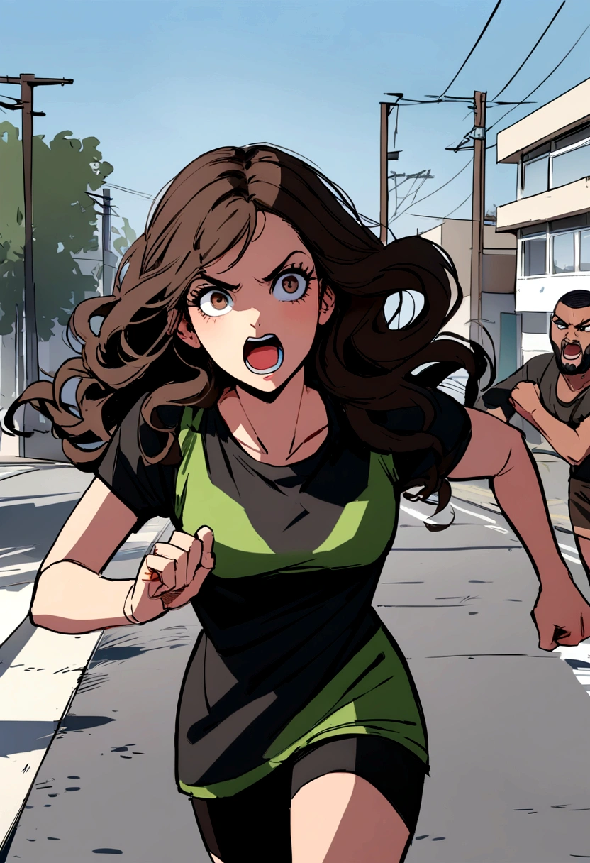 Guerre des Zumbi dans GTA V, Brown, long wavy hair, deep brown eyes, girl, black t-shirt running