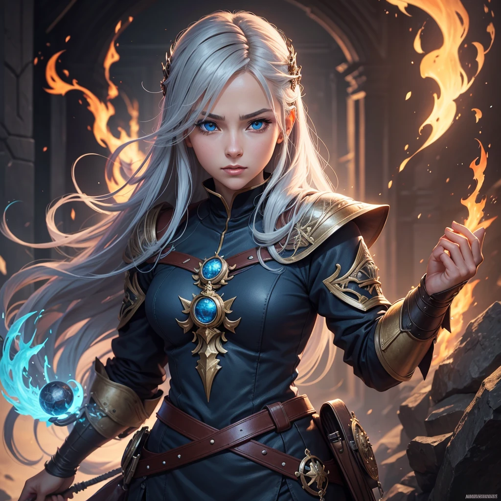 Anime, woman 40 years old, portrait, silver blue волосы, blue eyes, fire and ice, Epic fantasy in digital art style, эпический portrait в жанре ролевой игры, Epic digital art illustration, Peter Mohrbaher Artstation, detailed digital Anime art, epic fantasy art style, fanart best art station, deviantart artstation cgscosiety, stunning digital illustration, Awesome character art, epic exquisite character art
