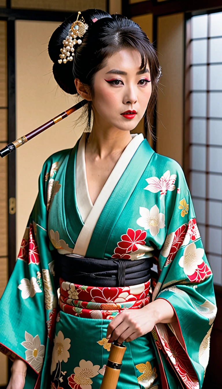Beautiful Japanese Courtesan、Gorgeous kimono、holding a smoking pipe、A melancholic look、live-action、The chest area is wide open