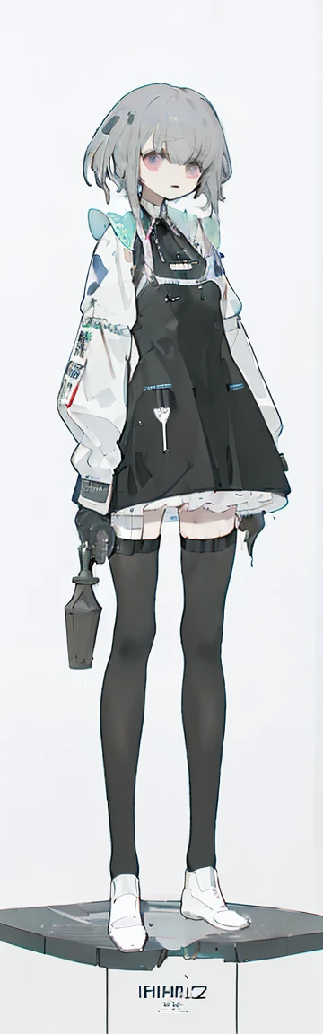 One Girl，alone，(Natural posture, whole body, Are standing, Natural posture, upright posture),

Gray Hair，長いGray Hair，White knee-length stockings，Without shoes，Futuristic black tights suit,Black maid outfit , victorian maid dress ,