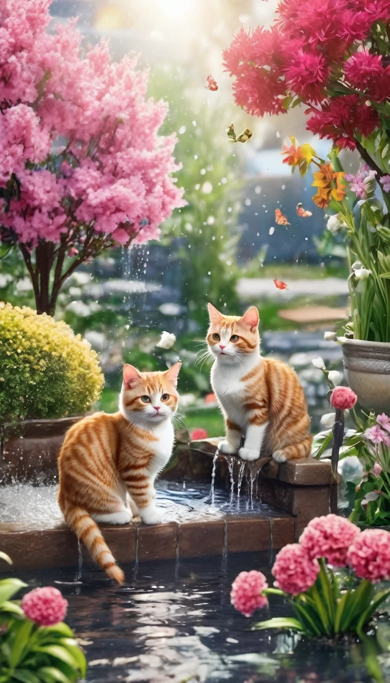 some adorable cats are playing water in the garden with amount flowers and trees in winter season