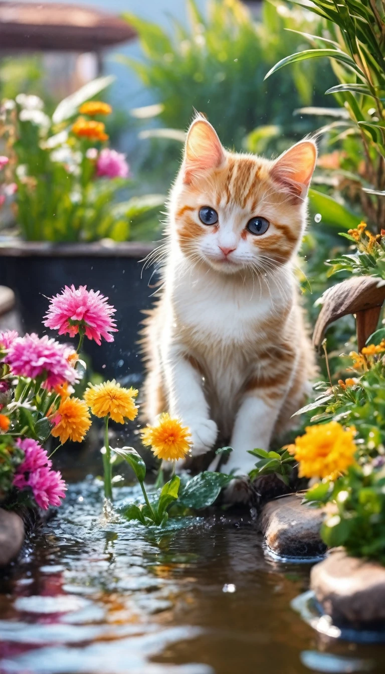 some adorable cats are playing water in the garden with amount flowers and trees in winter season