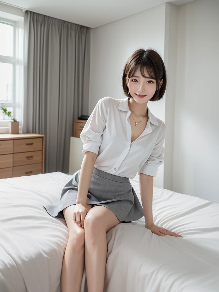 (Highest quality、masterpiece:1.9)、((Neat and clean female college student、1 person))、Soft lighting by a professional photographer、Natural light、((Very spacious white luxurious room:1.6))、((Bright white room:1.6))、(Sitting on a very luxurious white bed:1.2)、(White Bookcase:1.1)、Natural soft light、((Black Hair:1.1))、Fair skin、Detailed Eyes、double eyelid、Slightly puffy cheeks、((Small Face:1.0))、((Checked one-piece shirt、Grey mini skirt、Please wear it with the chest open.:1.2))、(smile)、((Girly pose 1.8))、High resolution,、((Short Bob Cut Hair:1.2))、((Full Body Shot:1.2))、Live-action image quality、((Height: 150cm))、Hands in front、Hide your hands between your legs、(bangs:1.1)、