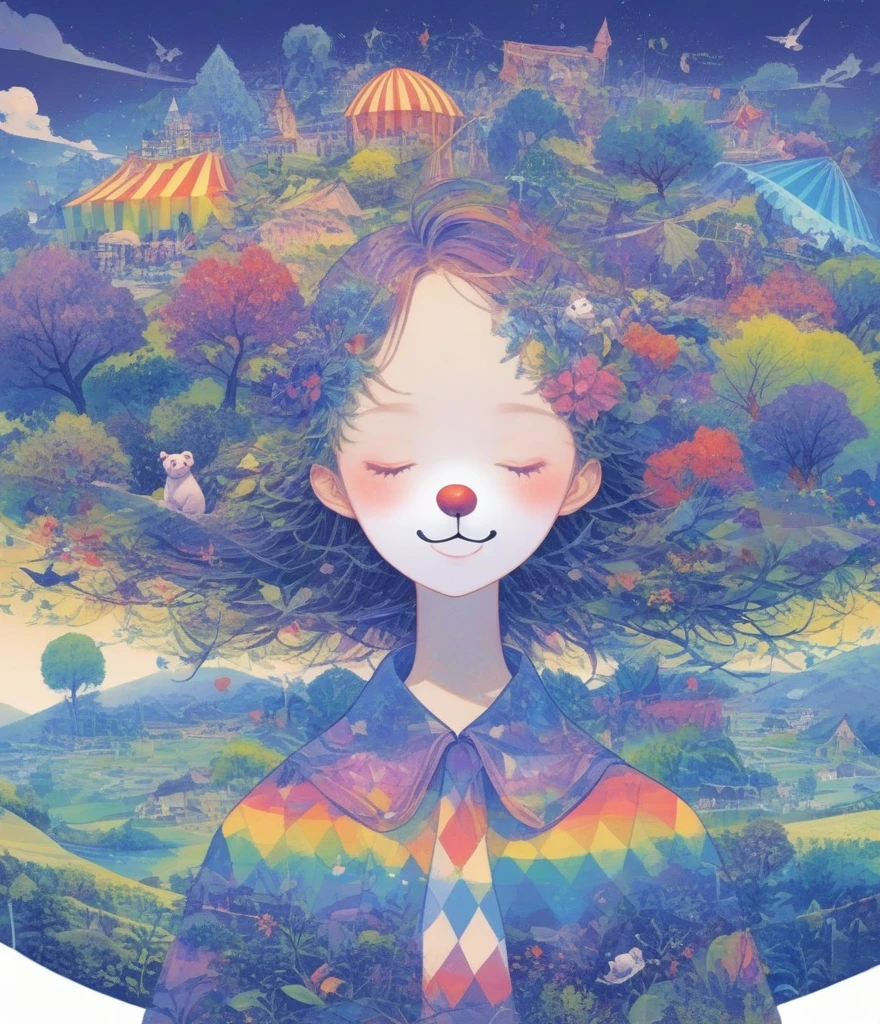 (Panorama, center, masterpiece, Highest quality: 1.2), Fantasy illustration of a boy wearing a clown mask with a big red nose and a circus tent, Lion, bear, Big Circus, Clown performing magic, Evoke the magic of the circus. In purple hues, The background blends in with his hair., Creates an atmosphere of tranquility、Create harmonious compositions that capture the beauty of nature。. This illustration symbolizes the harmony between humans and the environment., Focus on the face,((Ultra high color saturation,Vibrant colors))