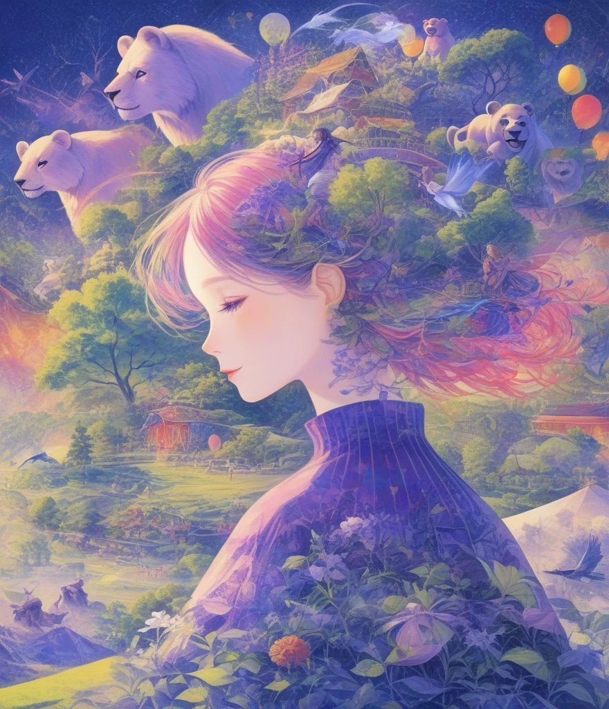 (Panorama, center, masterpiece, Highest quality: 1.2), Fantasy illustration of a boy wearing a clown mask with a big red nose and a circus tent, Lion, bear, Big Circus, Clown performing magic, Evoke the magic of the circus. In purple hues, The background blends in with his hair., Creates an atmosphere of tranquility、Create harmonious compositions that capture the beauty of nature。. This illustration symbolizes the harmony between humans and the environment., Focus on the face,((Ultra high color saturation,Vibrant colors))