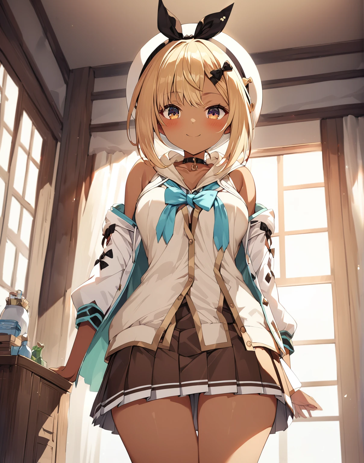 ((solo girl)),((Perfect body,))((Super beautiful,))((High quality,)),in bedroom,((Perfect body,))((Super beautiful,))((High quality,))breast,collar,nswf,cowboy shot,from below,Smile, 1girl, ((Reisalin Stout,Atelier Ryza,hat,hairbow,blond hair,brown skin,white blazer school uniforms,Pleated skirts))