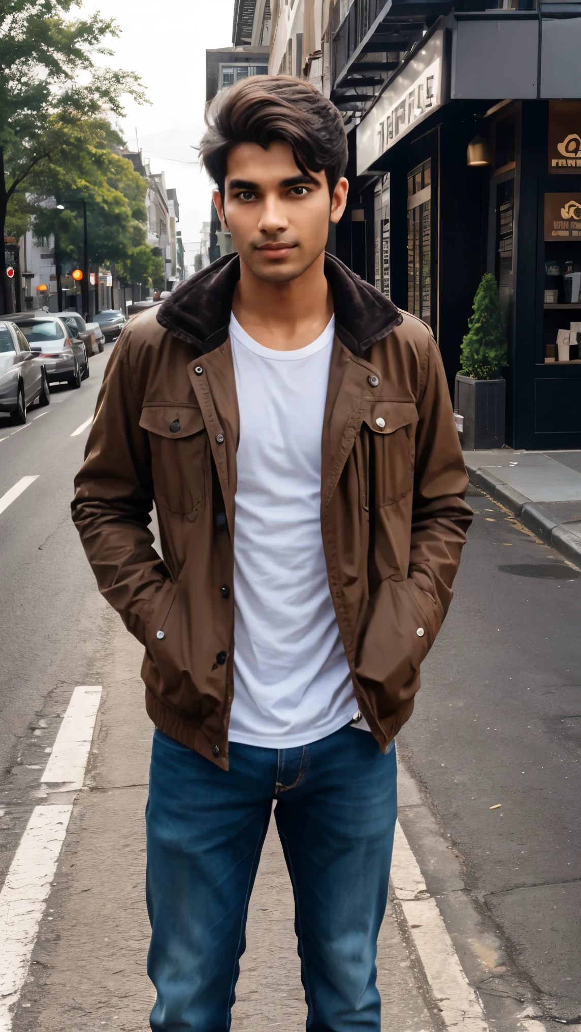 A 22 year old man standing on street road with Starbucks coffee most handsome man with perfect face and perfect body physece