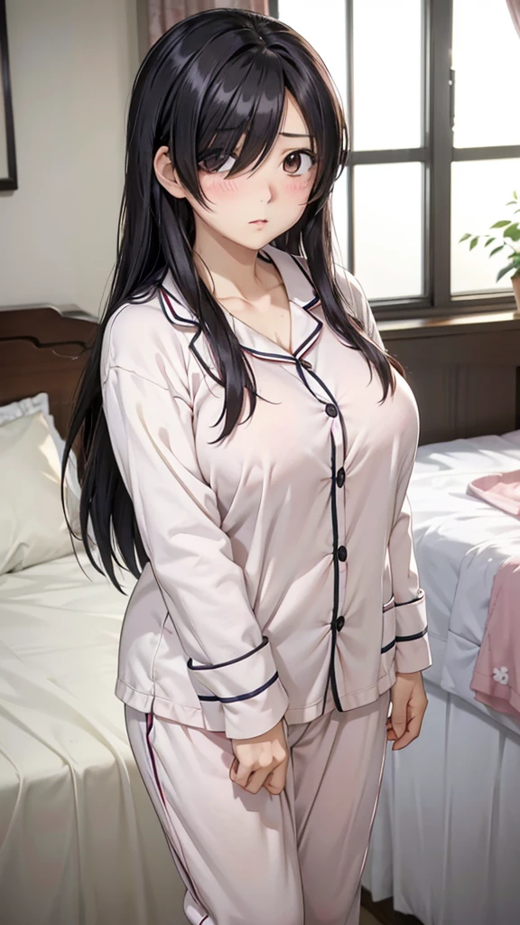 Misako amamiya,perfect ,black hair, long hair, (hair over one eye:1.4), messy hair, hair between eyes, hairclip,plump, chubby,fat, cute motif pajama, cute shy blush on , bedroom