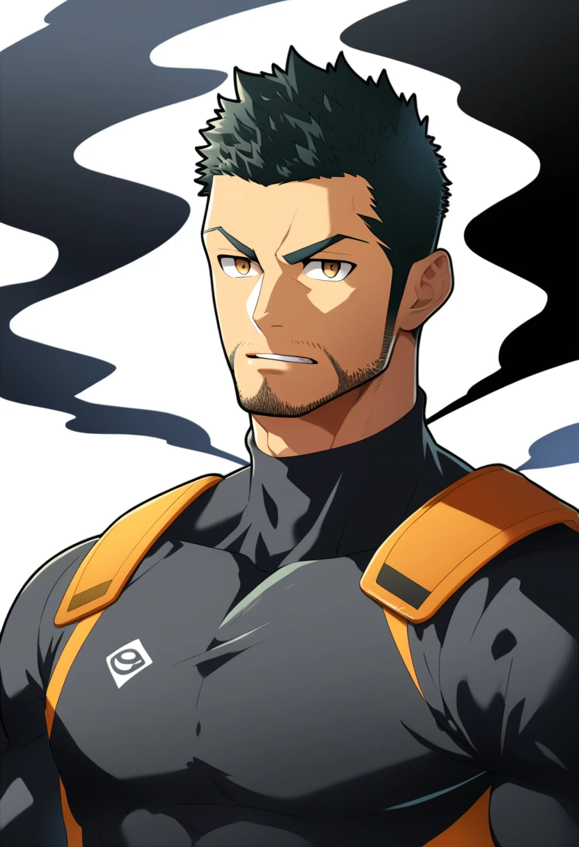 one negro, anime characters:Gyee, Priapus, One Muscle Sports Student, negro black skin, Very Black, muscular tough guy, Manliness, male focus, Grey long sleeve turtleneck tight t-shirt, Regular symmetrical pattern, Very tight, muscular male, muscular, only, Upper body, alone, Black short hair, Thick eyebrows, stubble, Brown eyes, White background, simple background, amazing quality, best aesthetics, Ridiculous, bright pupils, crew cut, parted lips, v-shaped eyebrows, jitome, best quality