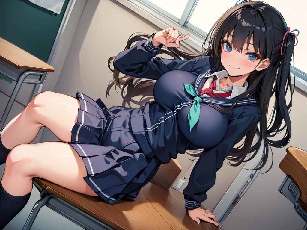high school girl、Dressed in high 、School classroom、(Big Breasts)、((solo))、smirk,Cheek resting on hand、Crossing legs