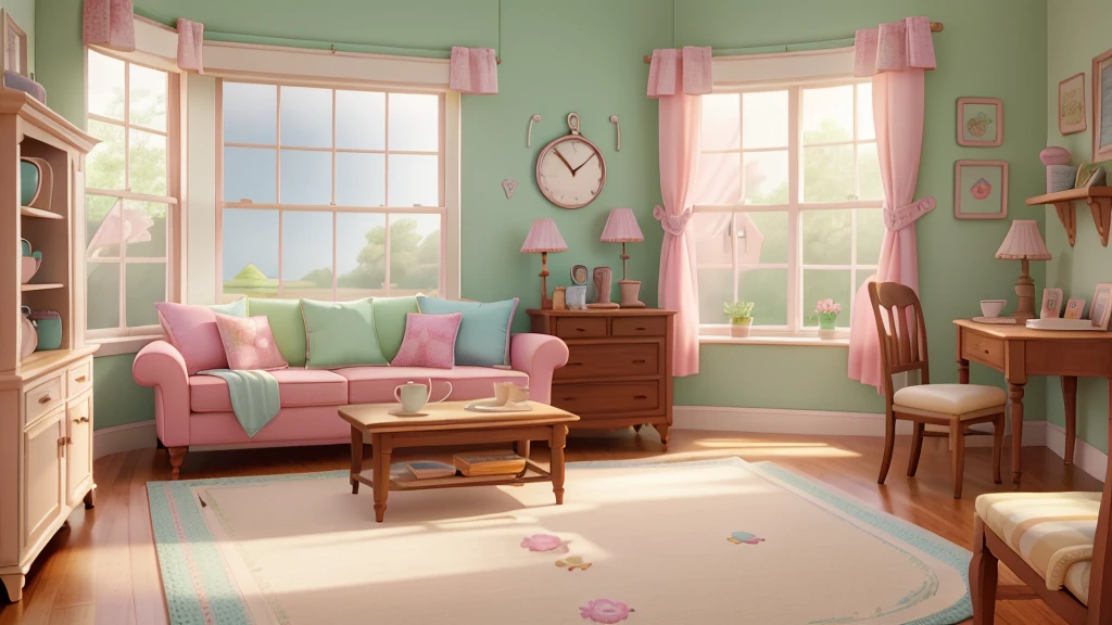 A quaint, pastel-colored house with perfectly manicured lawns in the quiet town of Dullsville. In the window, a woman with neatly styled mild bun hair, enjoys a single, round oatmeal cookie with a steaming cup of tea beside it. Sunlight streams through the window, highlighting the precise 7:00 AM on a vintage clock on the wall.