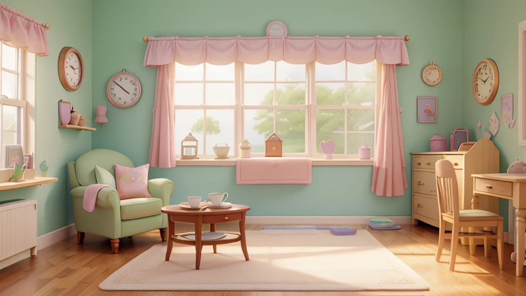 A quaint, pastel-colored house with perfectly manicured lawns in the quiet town of Dullsville. In the window, a woman with neatly styled mild bun hair, enjoys a single, round oatmeal cookie with a steaming cup of tea beside it. Sunlight streams through the window, highlighting the precise 7:00 AM on a vintage clock on the wall.