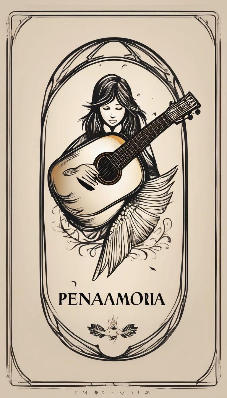 A minimal, modern, simple, cinematic logotype for the brand “Penamemoria". The logotype must be a simple, magical feather and a boy playing acoustic guitar. The logo must convey a sense of music, stories and dreams. Logo design impressed on a book cover. Minimalistic logo